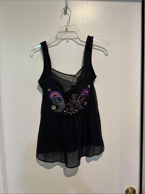 Versace Black Embellished Sheer-Panel Camisole